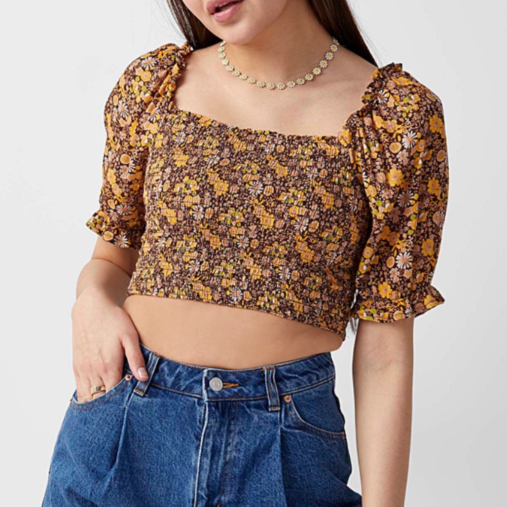 Brown ditsy flowers boho retro puff sleeve smocked cropped peasant blouse NWT